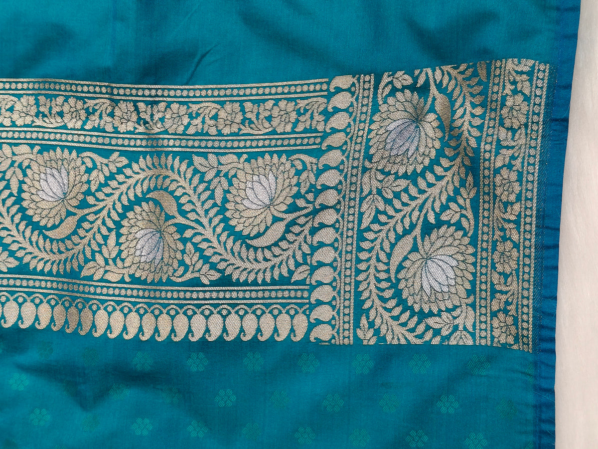 Banarasi Silk Cutwork Saree Teal Blue Shade With Silver Mina BCS006
