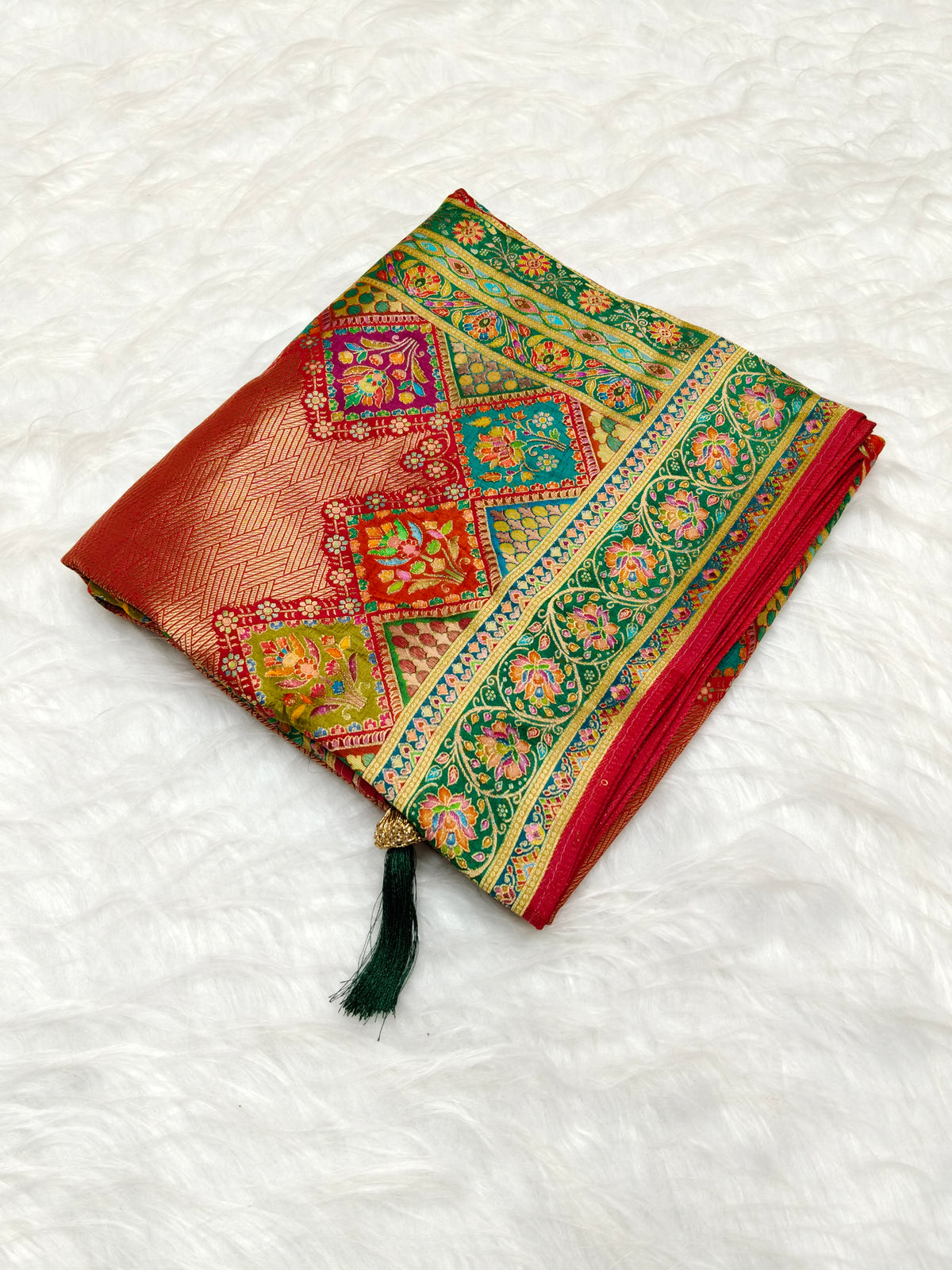 Position Print Soft Zari Tissue Saree Red Color Multi Color Design PPS001