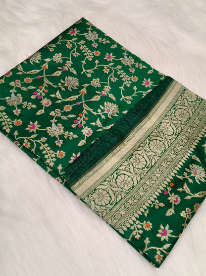 Banarasi Silk Cutwork Saree Green Shade With Multi Color Mina BCS001
