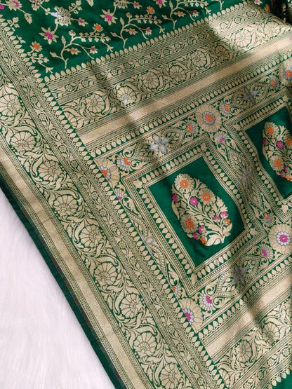 Banarasi Silk Cutwork Saree Green Shade With Multi Color Mina BCS001