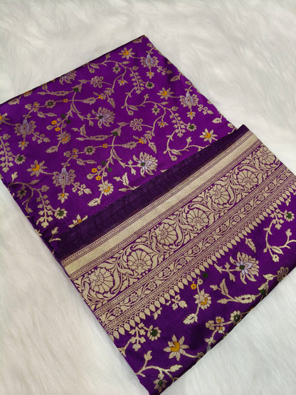 Banarasi Silk Cutwork Saree Deep Purple Shade With Multi Color Mina BCS002