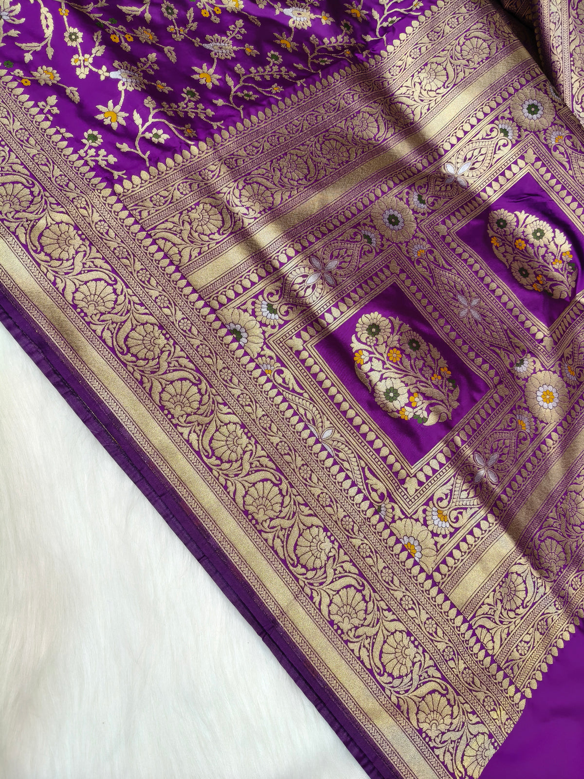 Banarasi Silk Cutwork Saree Deep Purple Shade With Multi Color Mina BCS002