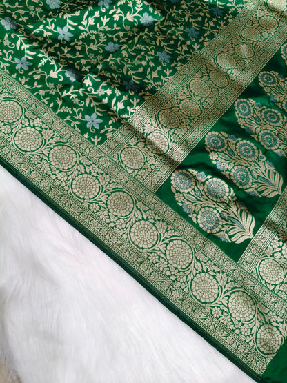 Banarasi silk Cutwork Minakari Saree Green Color Shade With Silver Zari Mina  BCS004