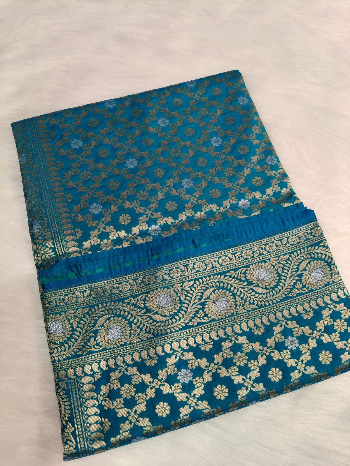 Banarasi Silk Cutwork Saree Teal Blue Shade With Silver Mina BCS006