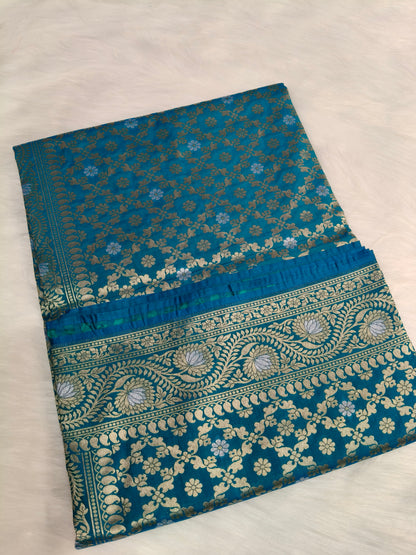 Banarasi Silk Cutwork Saree Teal Blue Shade With Silver Mina BCS006