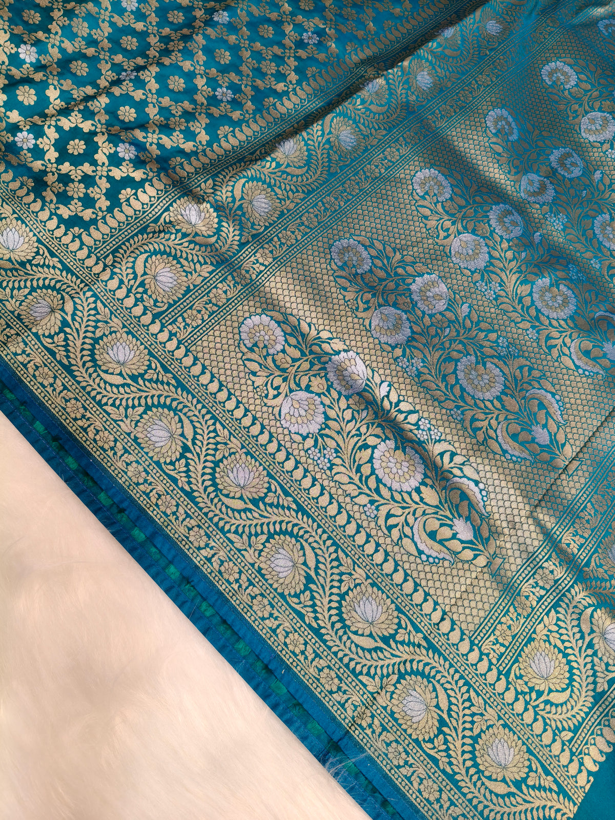 Banarasi Silk Cutwork Saree Teal Blue Shade With Silver Mina BCS006