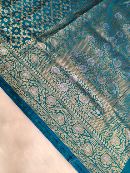 Banarasi Silk Cutwork Saree Teal Blue Shade With Silver Mina BCS006