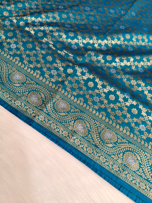 Banarasi Silk Cutwork Saree Teal Blue Shade With Silver Mina BCS006