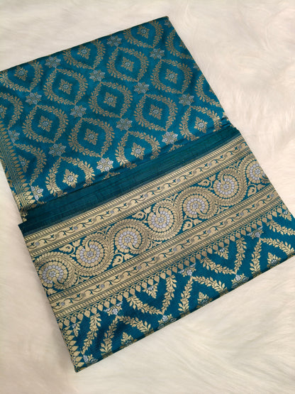 Banarasi Silk Cutwork Saree Teal Blue Shade With Rupa Minakari BCS007