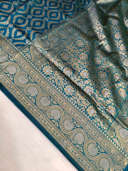 Banarasi Silk Cutwork Saree Teal Blue Shade With Rupa Minakari BCS007