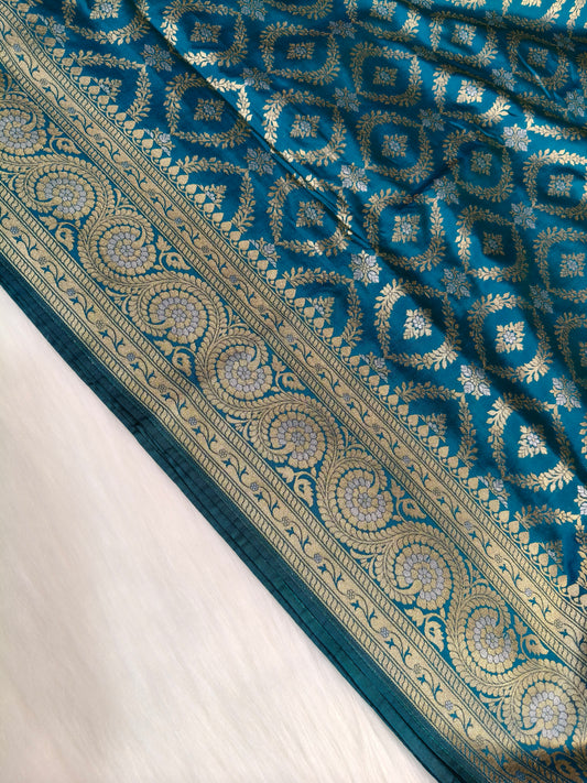 Banarasi Silk Cutwork Saree Teal Blue Shade With Rupa Minakari BCS007