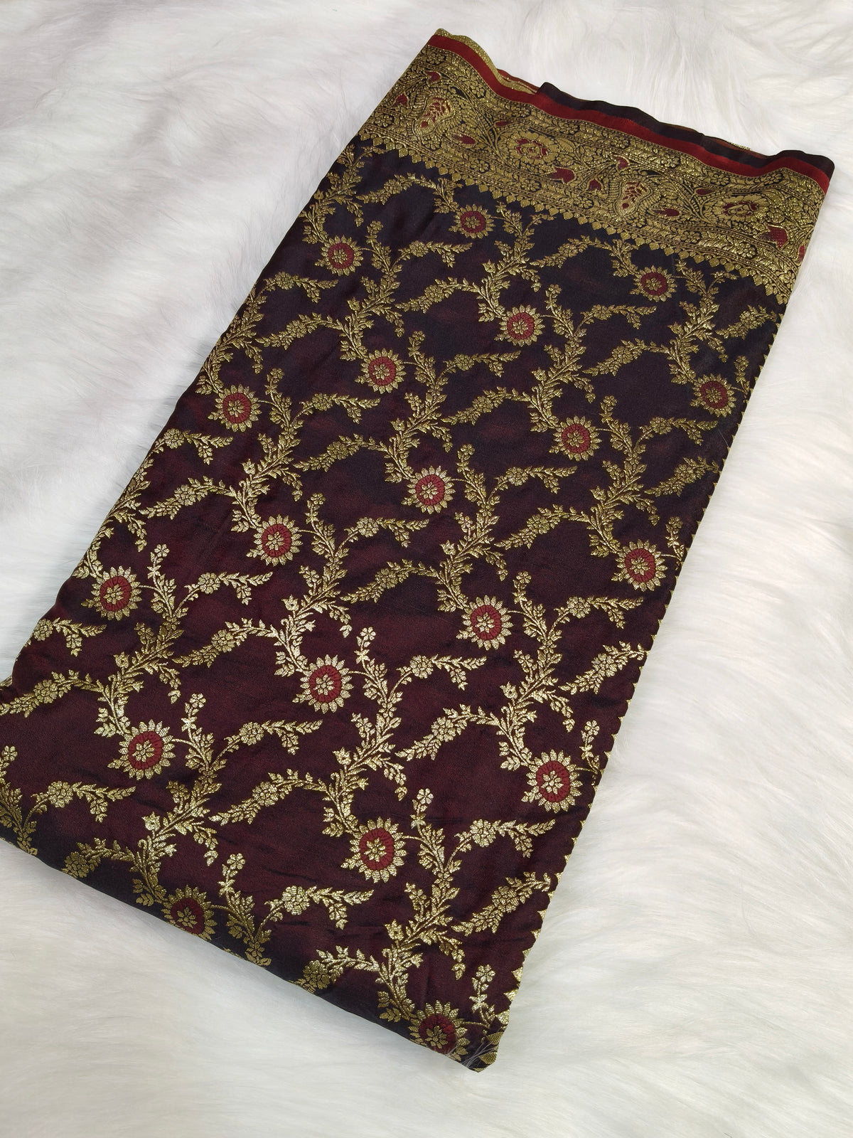 Satin Saree Garnet Shade Floral Jaal Pattern SS001