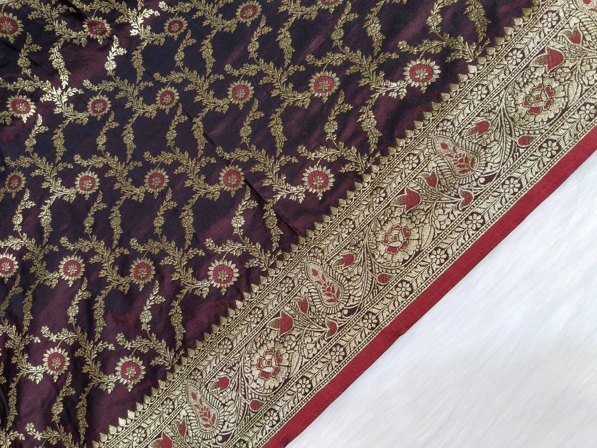 Satin Saree Garnet Shade Floral Jaal Pattern SS001