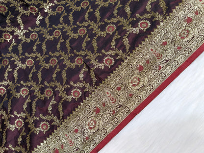Satin Saree Garnet Shade Floral Jaal Pattern SS001