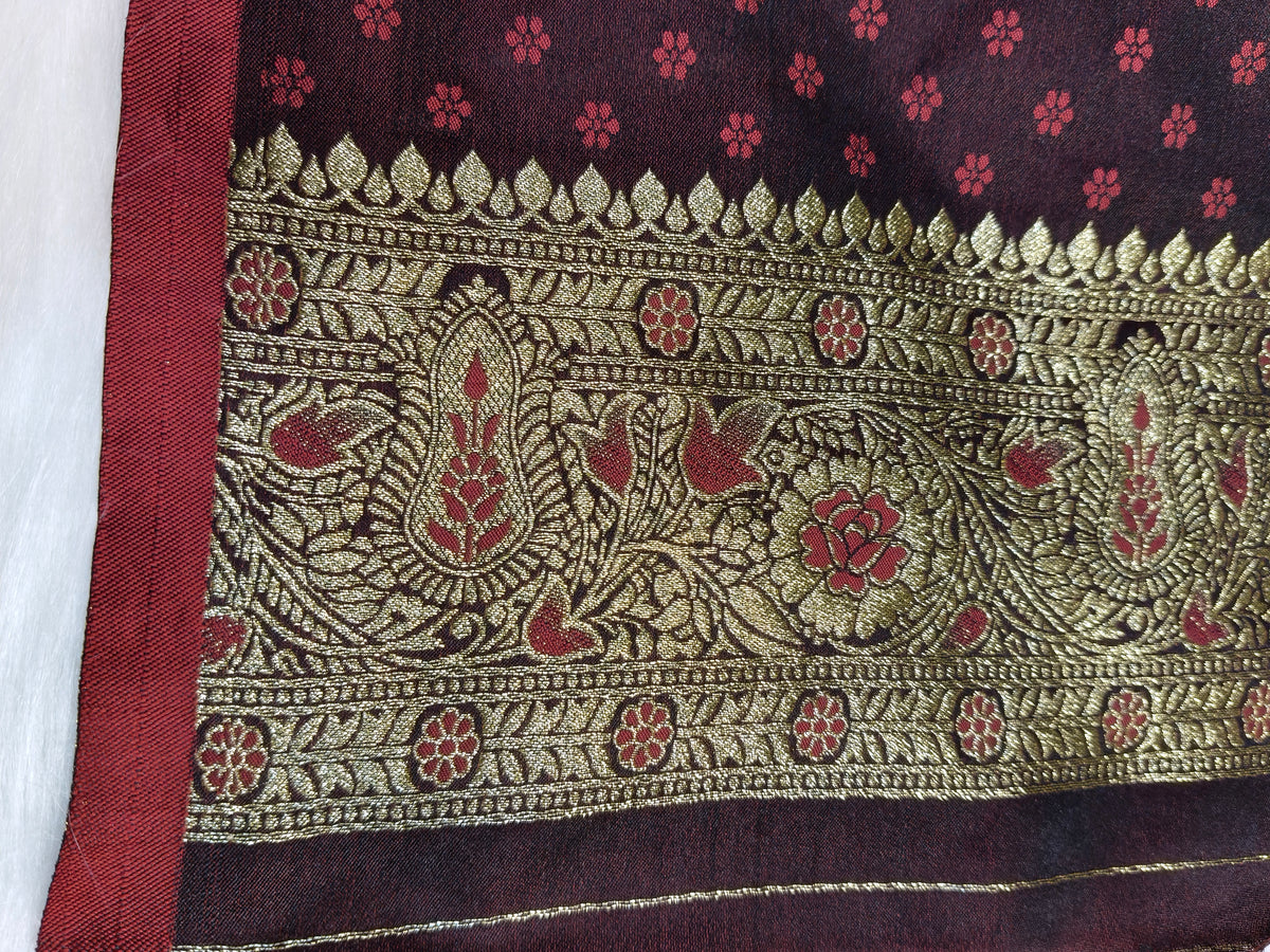 Satin Saree Garnet Shade Floral Jaal Pattern SS001