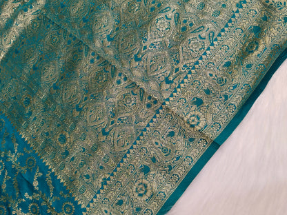 Satin Saree Teal Blue Shade Floral Jaal Pattern SS003