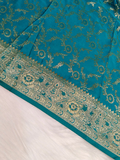 Satin Saree Teal Blue Shade Floral Jaal Pattern SS003
