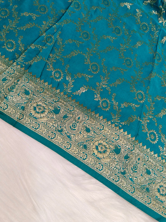 Satin Saree Teal Blue Shade Floral Jaal Pattern SS003