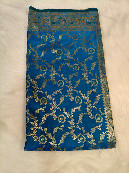 Satin Saree Peacock Shade Floral Jaal Pattern SS005