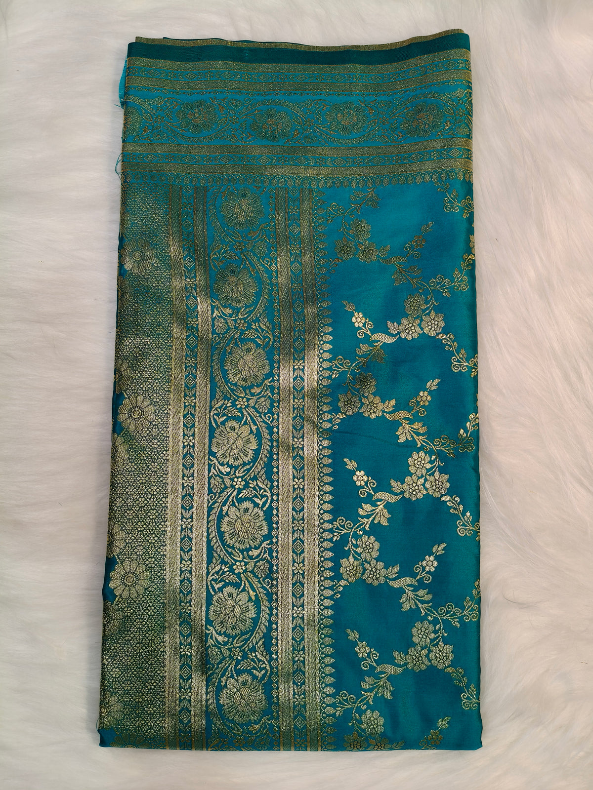 Satin Saree Teal Blue Shade Floral Jaal Pattern SS006