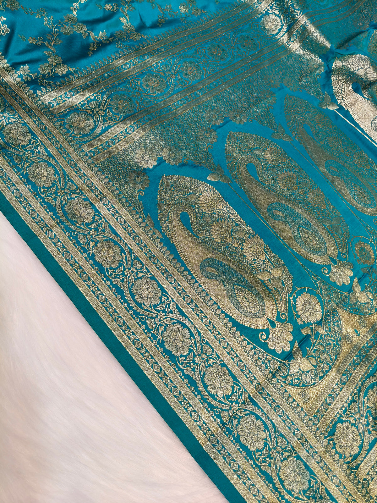 Satin Saree Teal Blue Shade Floral Jaal Pattern SS006