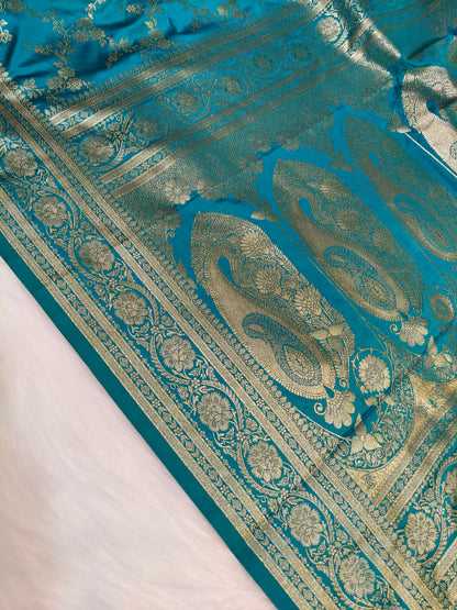 Satin Saree Teal Blue Shade Floral Jaal Pattern SS006
