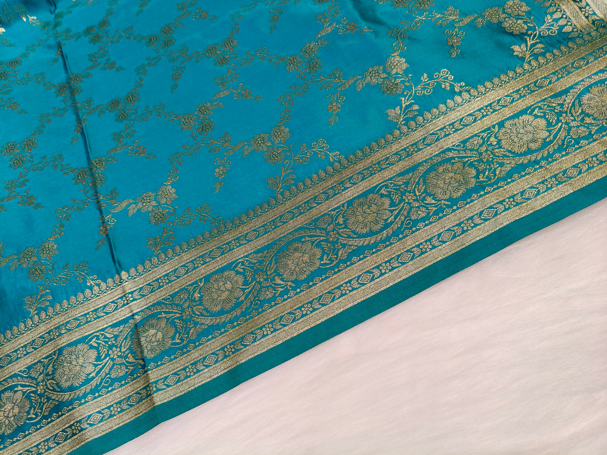 Satin Saree Teal Blue Shade Floral Jaal Pattern SS006