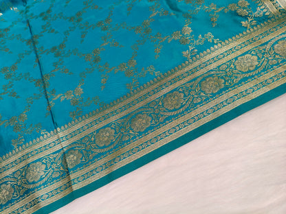Satin Saree Teal Blue Shade Floral Jaal Pattern SS006