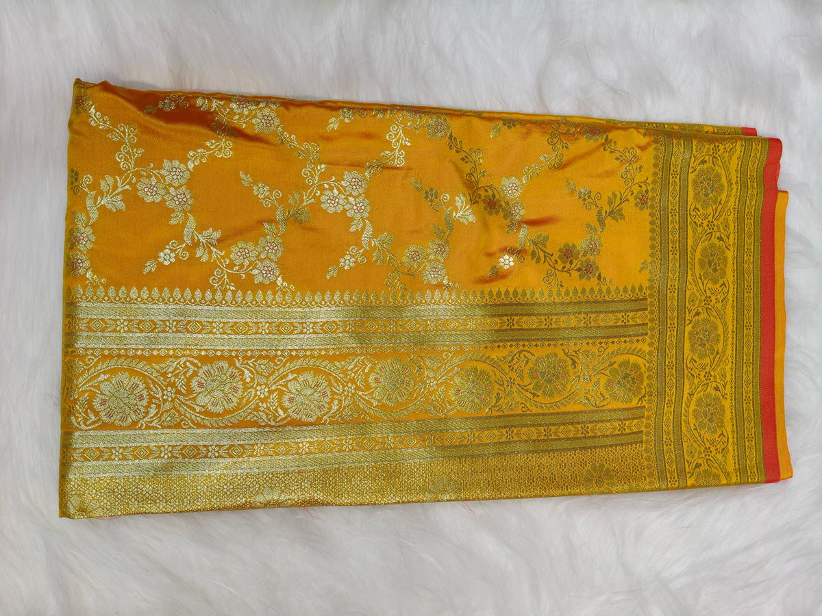 Satin Saree Rani Yellow Shade Floral Jaal Pattern SS007