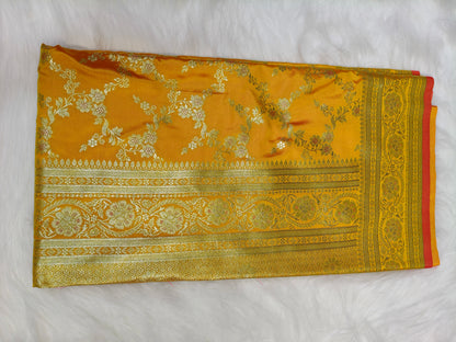 Satin Saree Rani Yellow Shade Floral Jaal Pattern SS007