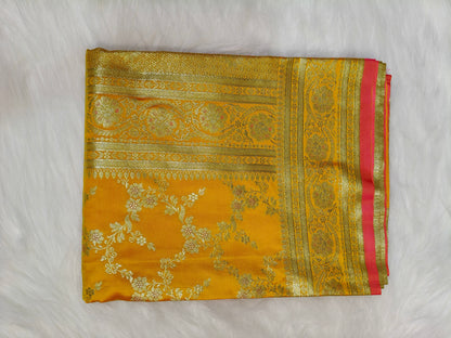 Satin Saree Rani Yellow Shade Floral Jaal Pattern SS007