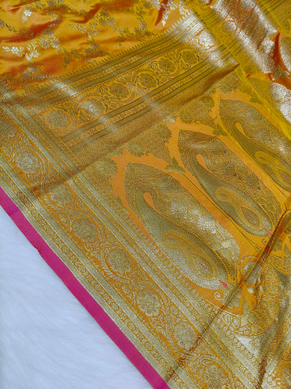 Satin Saree Rani Yellow Shade Floral Jaal Pattern SS007