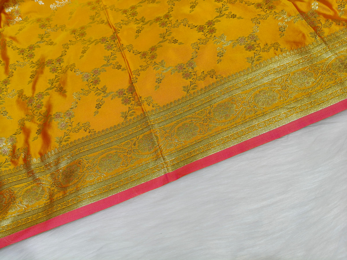 Satin Saree Rani Yellow Shade Floral Jaal Pattern SS007