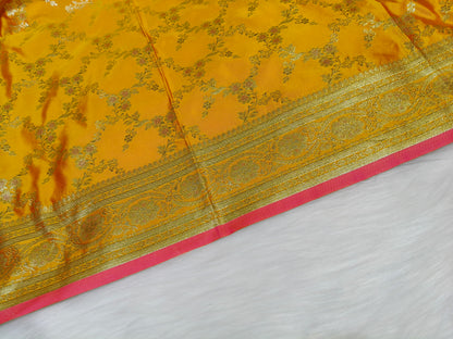 Satin Saree Rani Yellow Shade Floral Jaal Pattern SS007