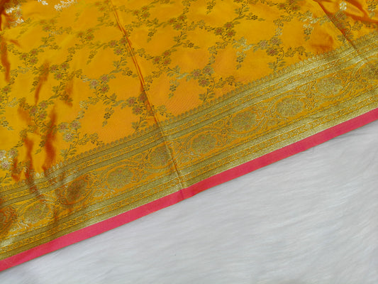 Satin Saree Rani Yellow Shade Floral Jaal Pattern SS007
