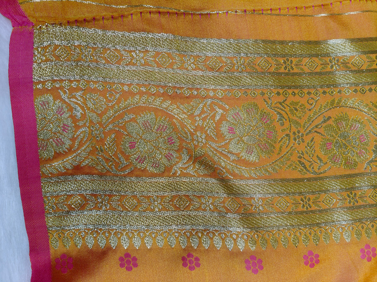 Satin Saree Rani Yellow Shade Floral Jaal Pattern SS007