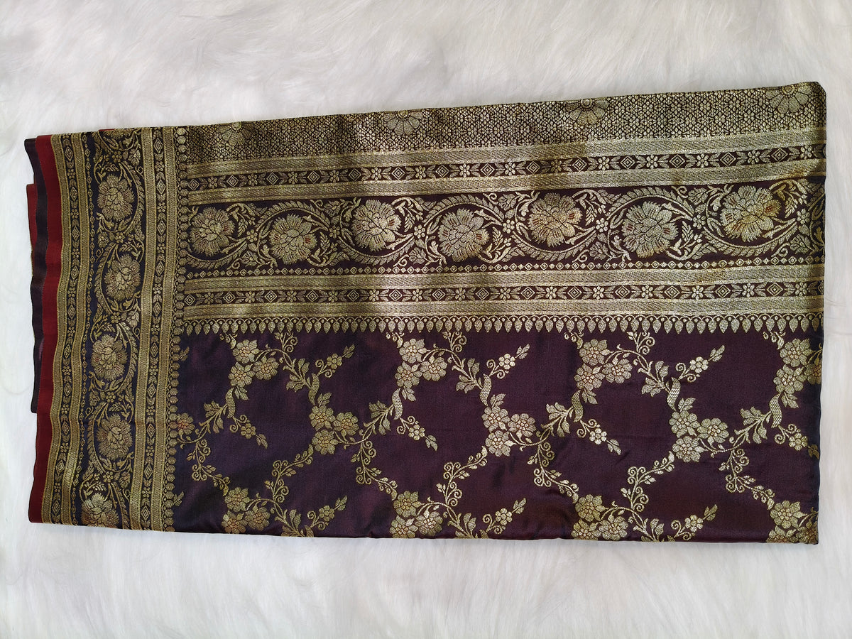 Satin Saree SS010 Garnet Color Shade Floral Jaal Pattern