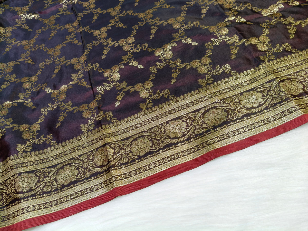 Satin Saree SS010 Garnet Color Shade Floral Jaal Pattern