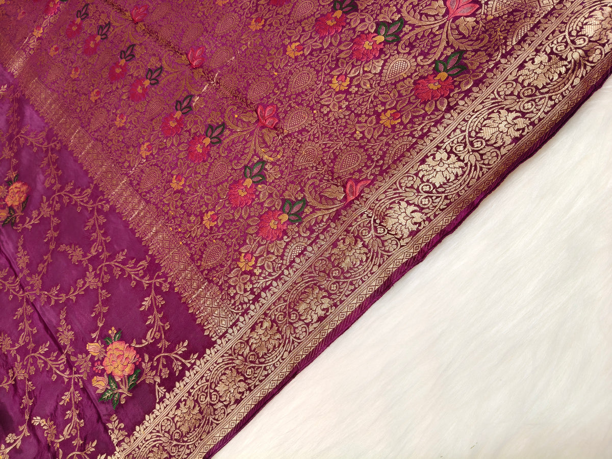 Crepe Banarsi Silk Saree Garnet Shade Floral Jaal Pattern CBS009