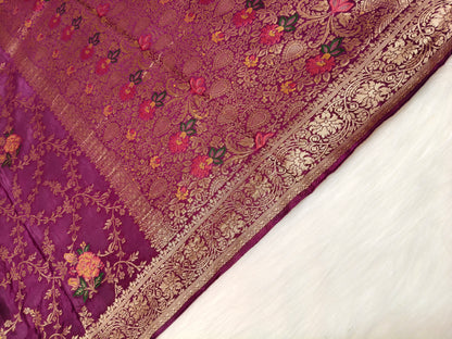 Crepe Banarsi Silk Saree Garnet Shade Floral Jaal Pattern CBS009