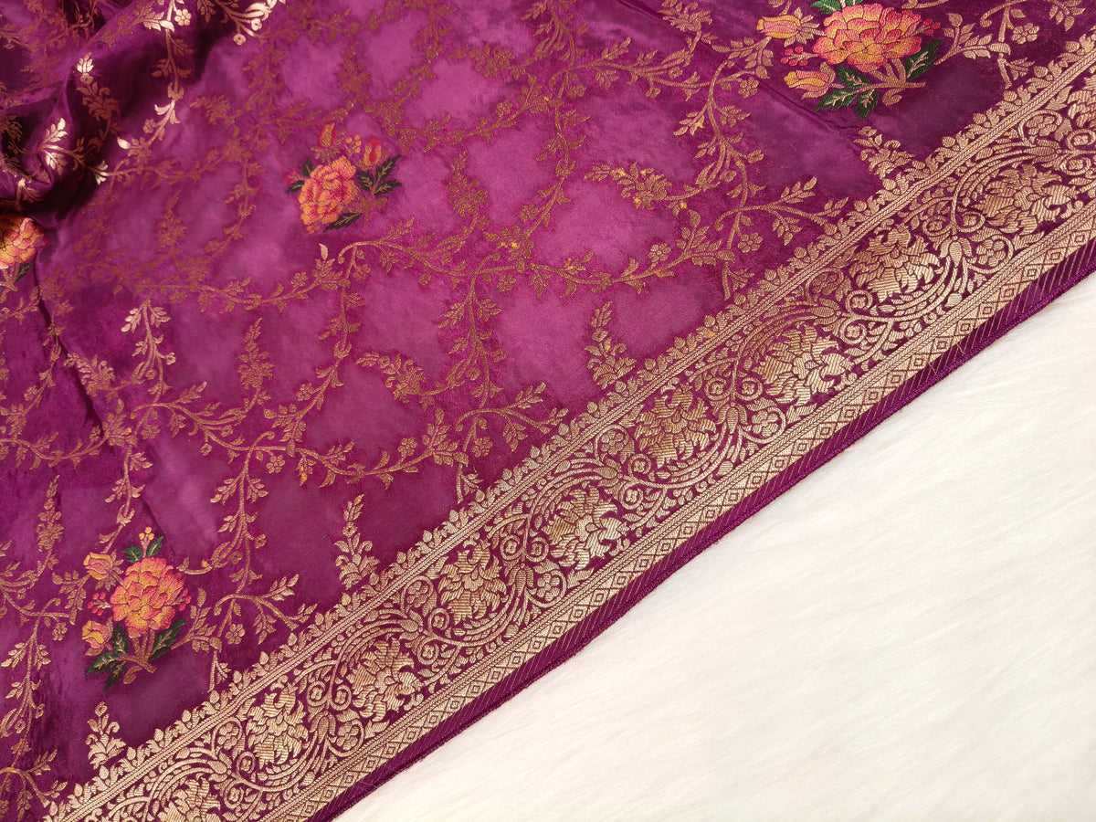 Crepe Banarsi Silk Saree Garnet Shade Floral Jaal Pattern CBS009