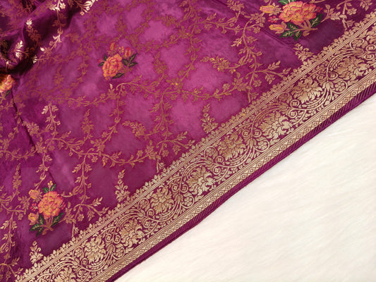 Crepe Banarsi Silk Saree Garnet Shade Floral Jaal Pattern CBS009