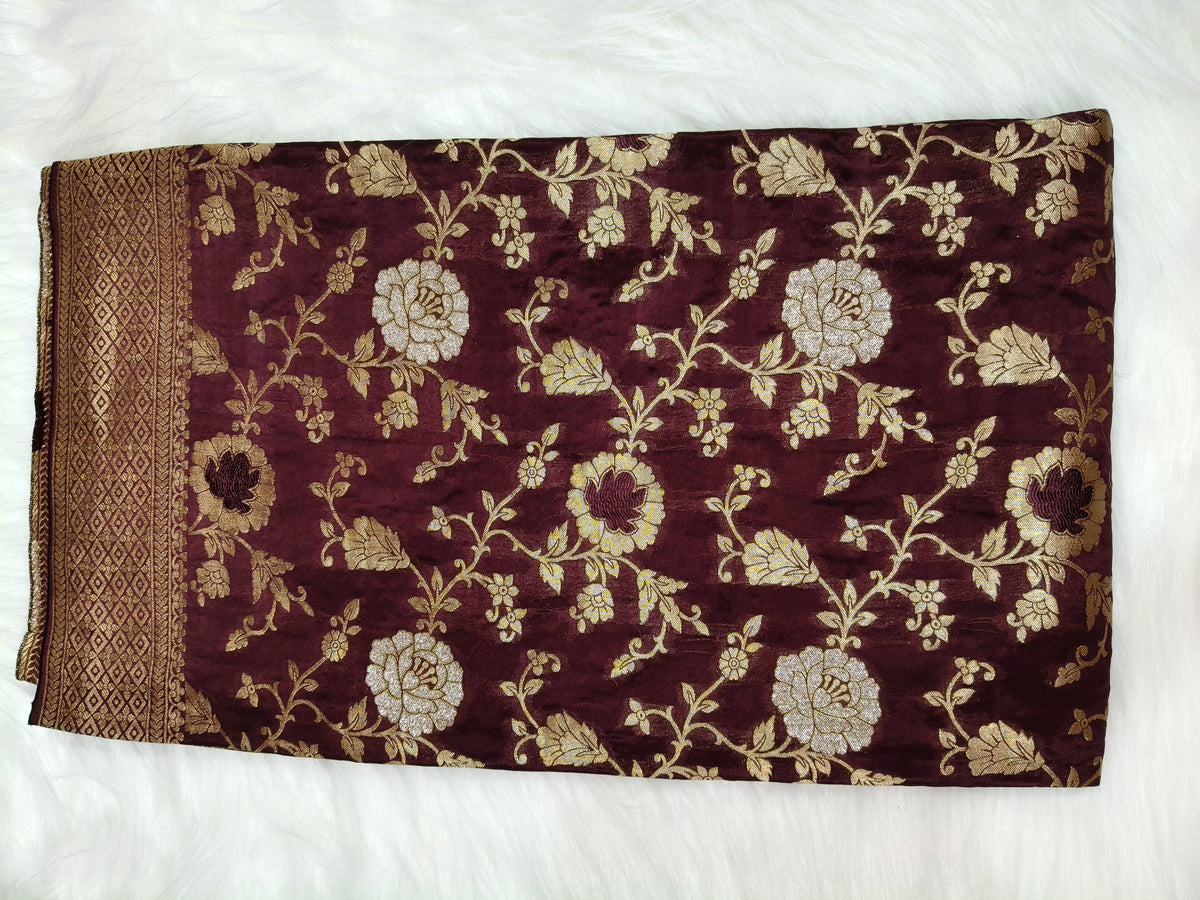Crepe Banarasi Silk Saree Garnet Shade Floral Jaal Pattern CBS001