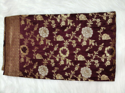 Crepe Banarasi Silk Saree Garnet Shade Floral Jaal Pattern CBS001