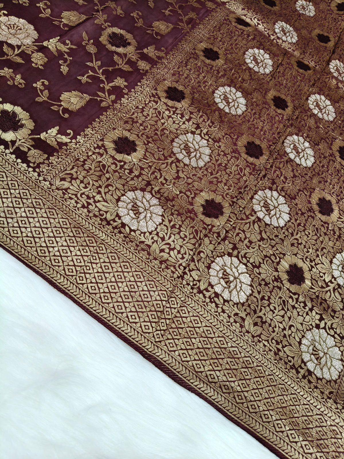 Crepe Banarasi Silk Saree Garnet Shade Floral Jaal Pattern CBS001