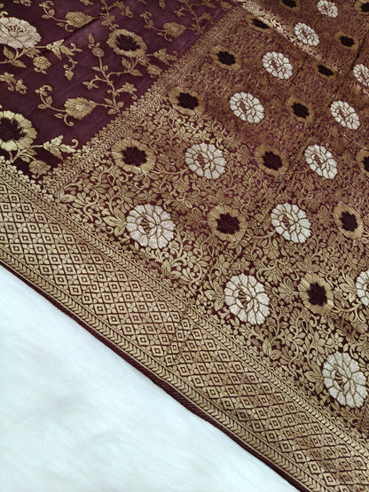 Crepe Banarasi Silk Saree Garnet Shade Floral Jaal Pattern CBS001