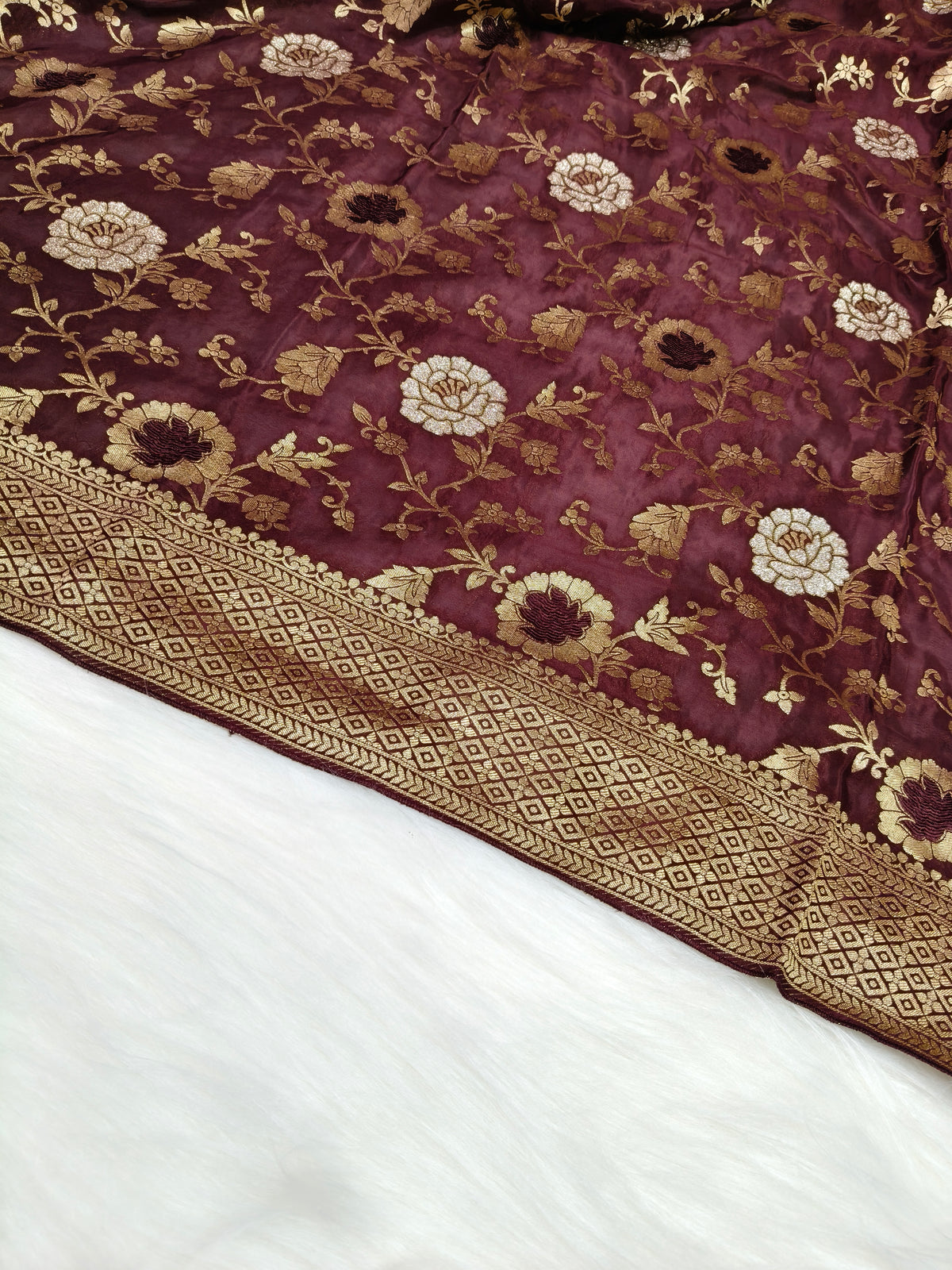 Crepe Banarasi Silk Saree Garnet Shade Floral Jaal Pattern CBS001