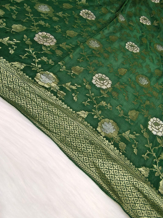 Crepe Banarasi Silk Saree Bottle Green Shade Floral Jaal Pattern CBS002