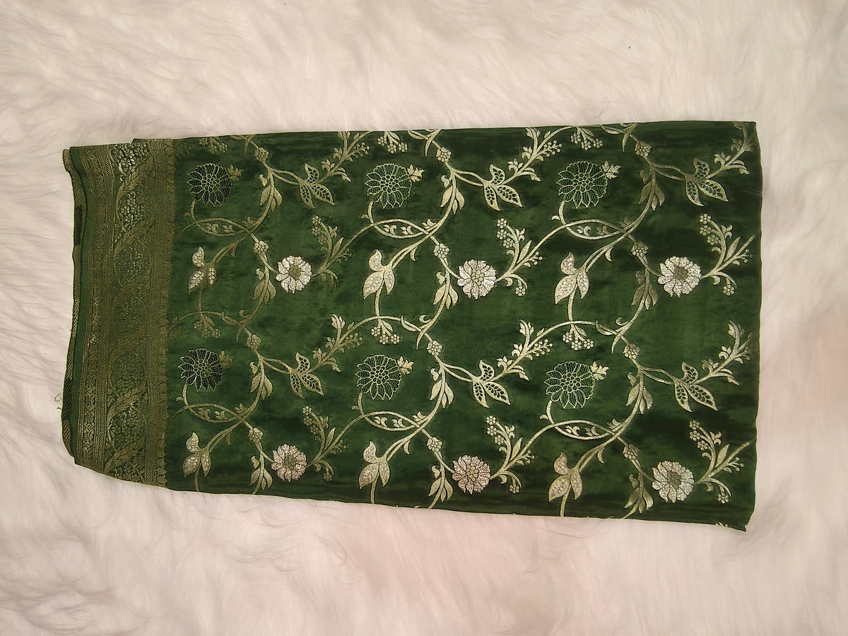 Crepe Banarasi Silk Saree Bottle Green Shade Floral Jaal Design CBS006
