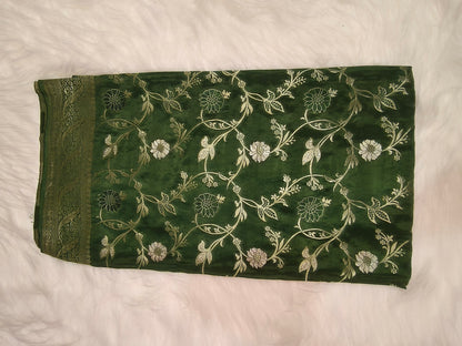 Crepe Banarasi Silk Saree Bottle Green Shade Floral Jaal Design CBS006